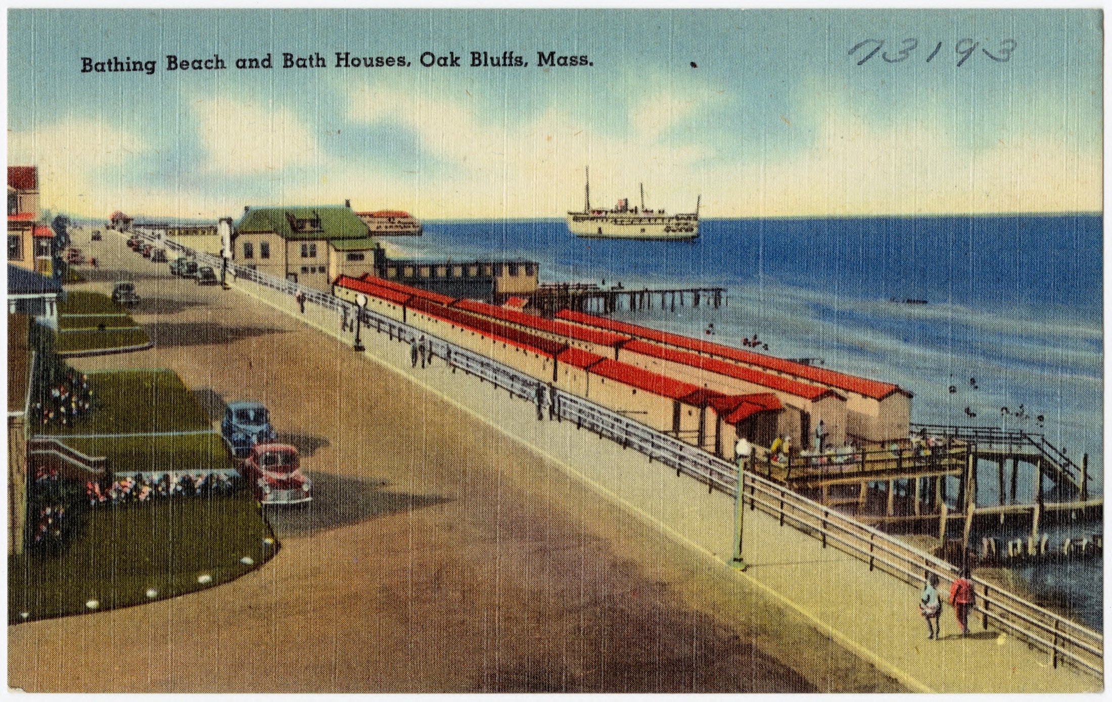 Historic postcard showing the Oak Bluffs bathing beach and bath houses